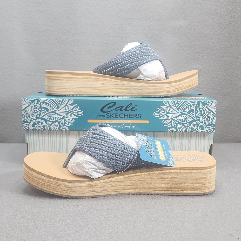 Skechers Cali Summers Mid Slate Blue Beaded Platform Sandals Womens 9 NIB